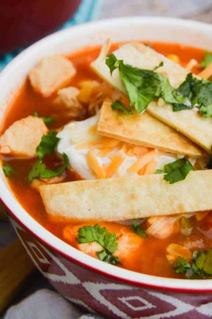 Chicken Tortilla Soup Close up in red and white bowl