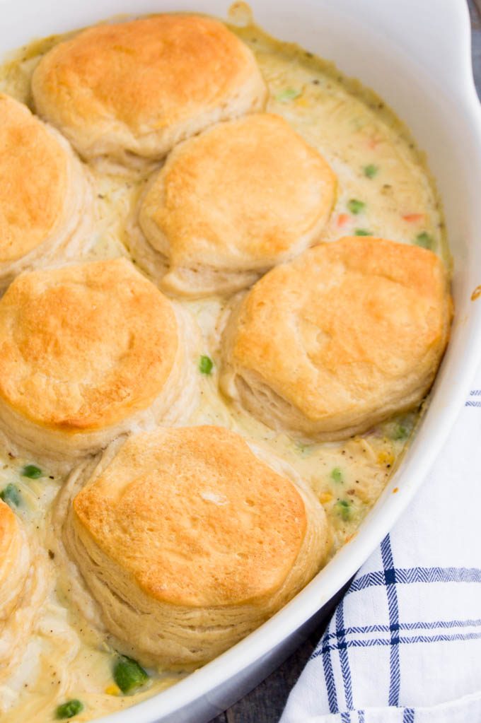 Biscuit Chicken Pot Pie Casserole in casserole dish