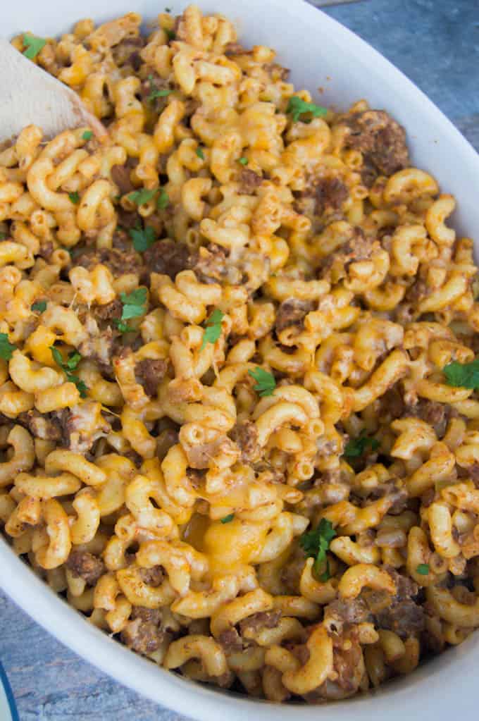 Taco Mac Casserole in white casserole dish