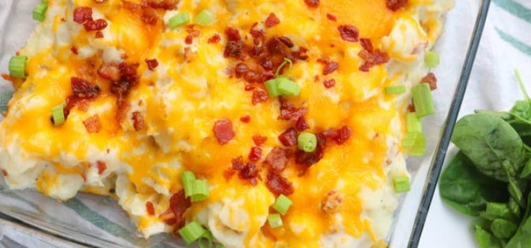 closeup of loaded baked potato casserole.