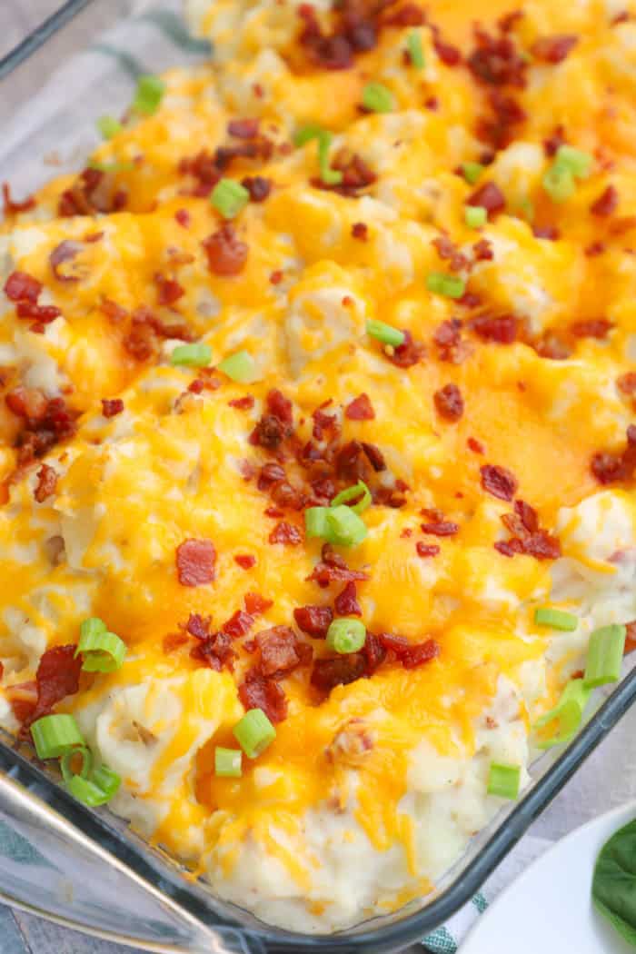 Loaded Baked Potato Casserole in casserole dish.