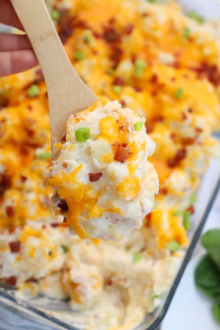 scope one a wooden spoon Loaded Baked Potato Casserole