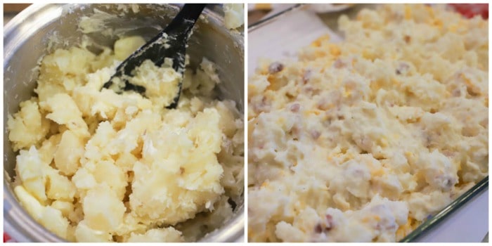 potatoes getting mashed in pot then going to casserole dish.