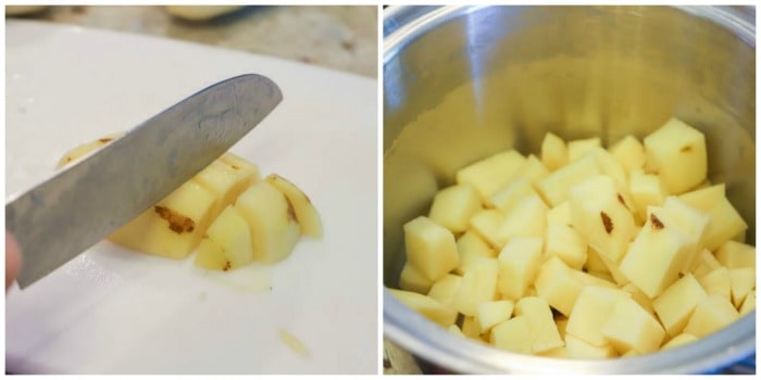 Dicing potatoes for Loaded Baked Potato Casserole.