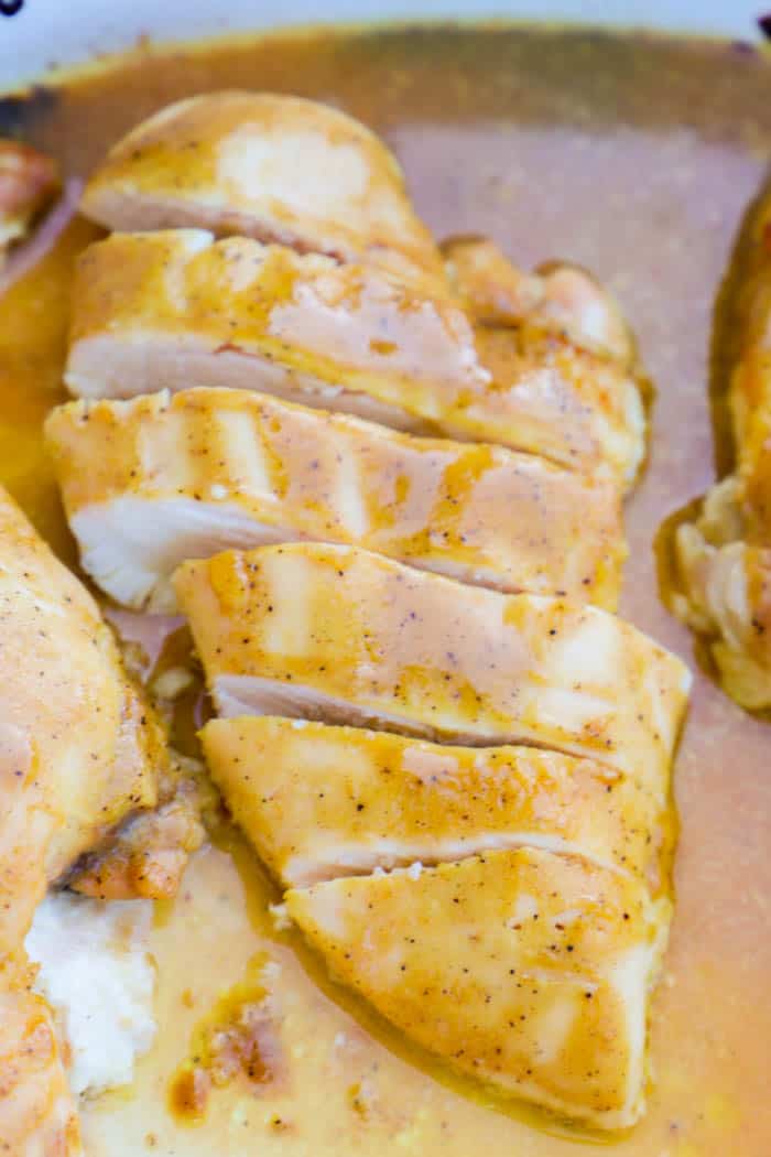 Baked Honey Dijon Chicken closeup in baking pan