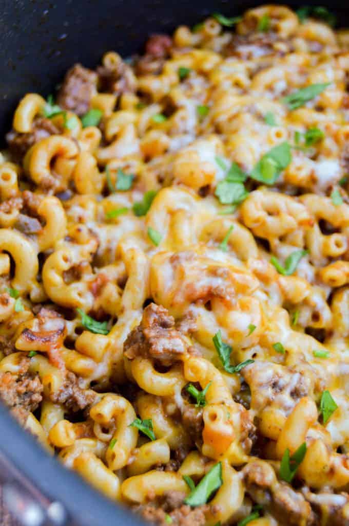 One Pan Taco Pasta topped with cilantro.