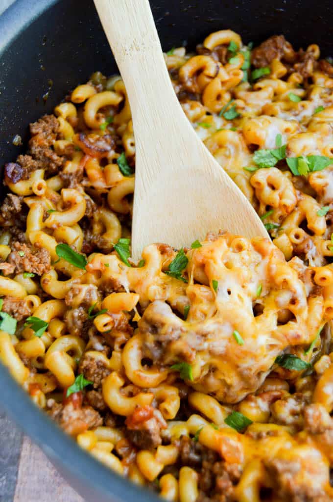 One Pan Taco Pasta on a wooden spoon.