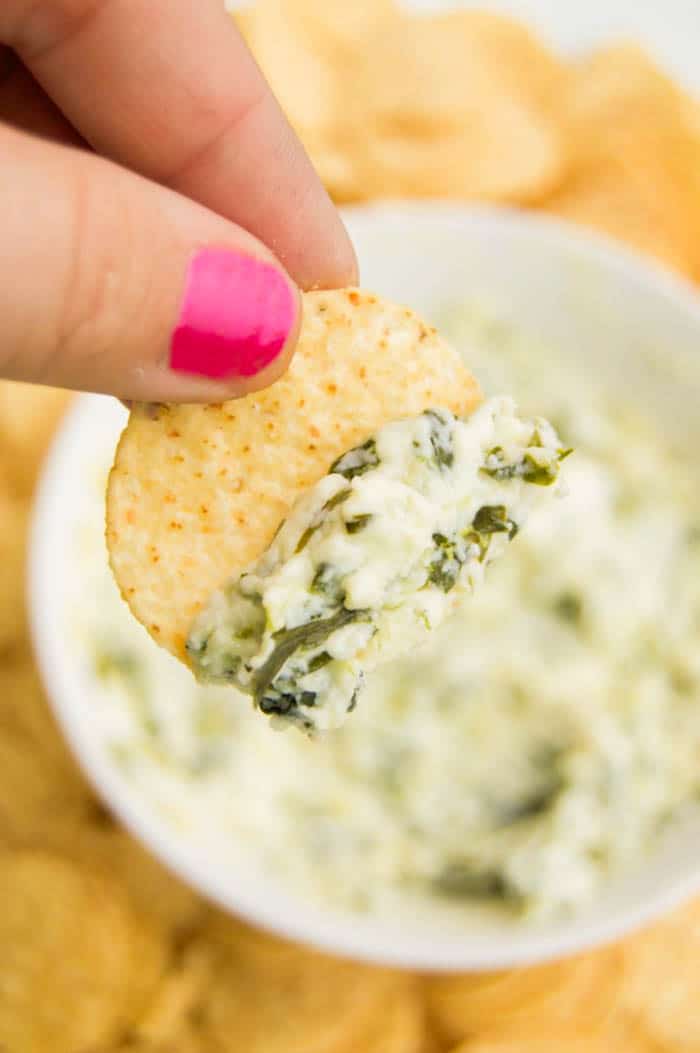 Cheesy Spinach Dip on tortilla chip