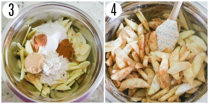 apple slices in mixing bowl with sugar