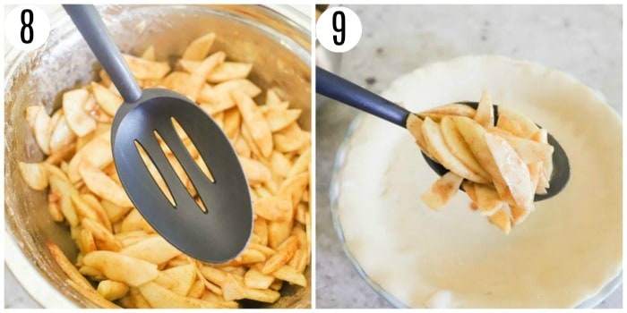 apples being placed into the pie