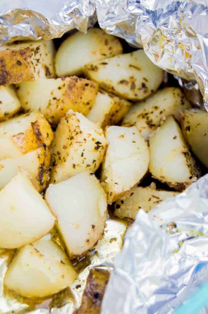 Easy Italian Foil Potatoes close up shot in tin foil pack