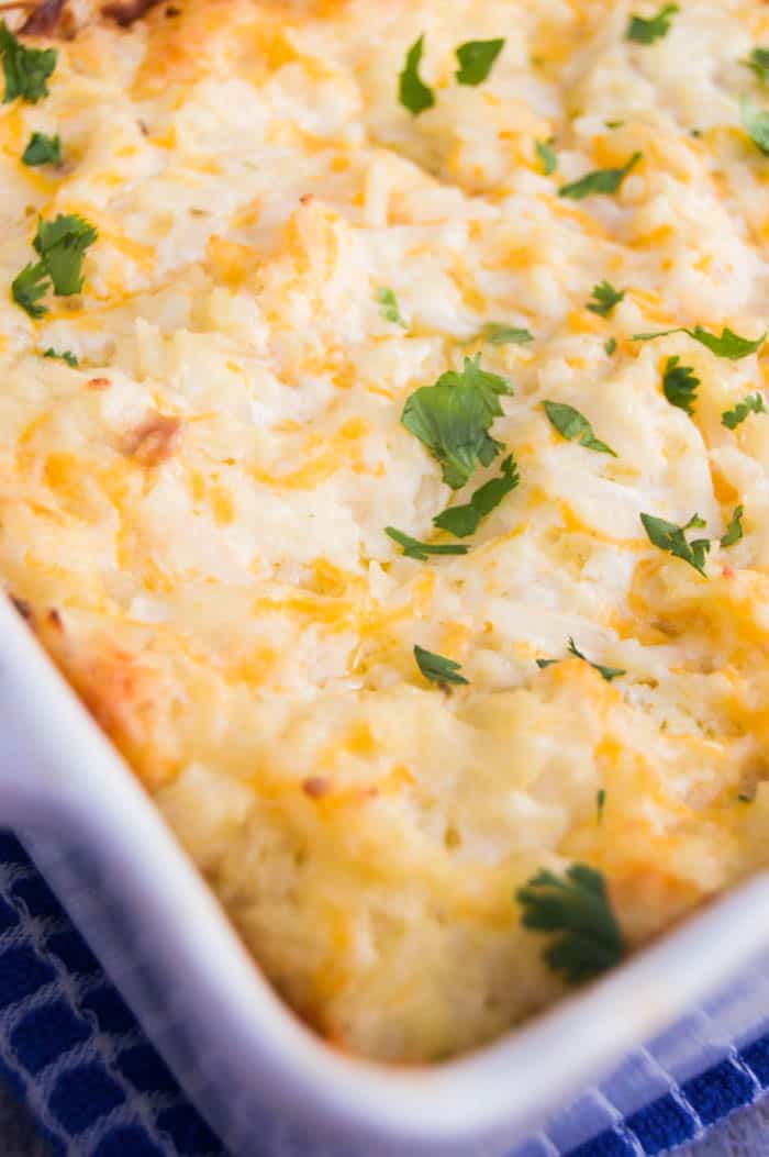 Cracker Barrel Hashbrown Casserole in a white casserole dish