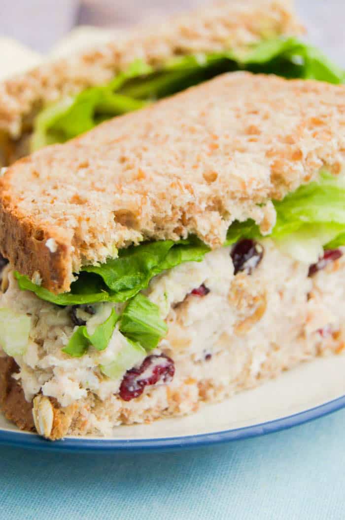 Cranberry Walnut Chicken Salad made into a sandwich on a plate