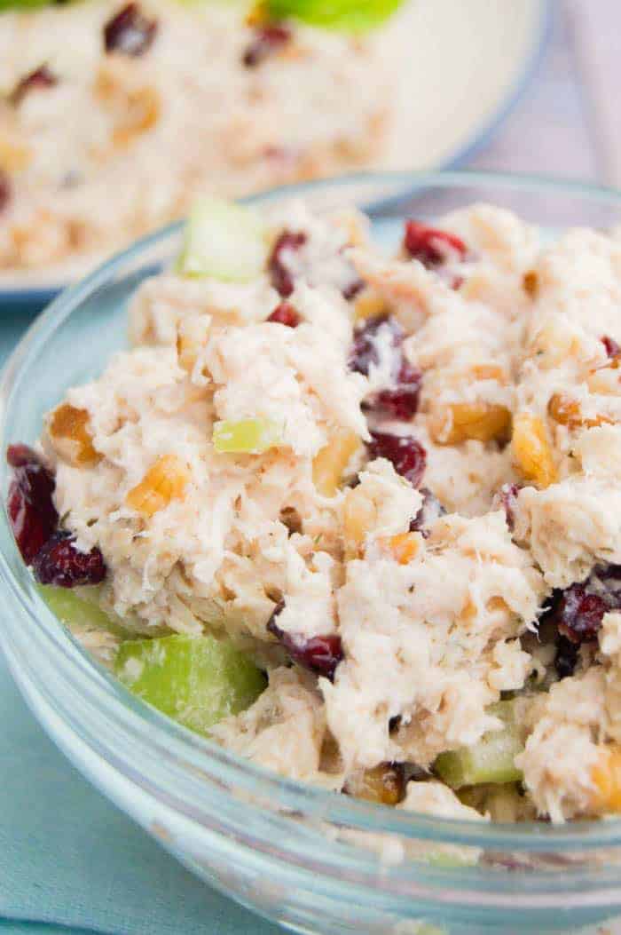 Cranberry Walnut Chicken Salad closeup in clear bowl