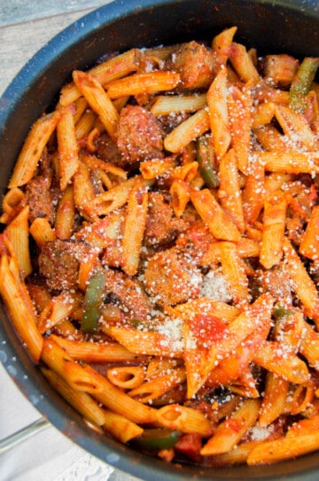 Italian Sausage And Peppers With Penne The Diary Of A Real Housewife Italian Sausage And Peppers With Penne In A Black Pan 360x542