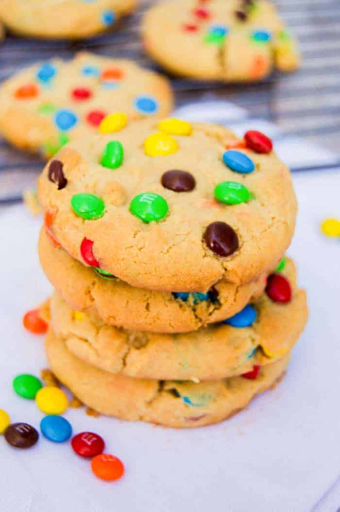 Peanut Butter M&M Cookie stacked on counter
