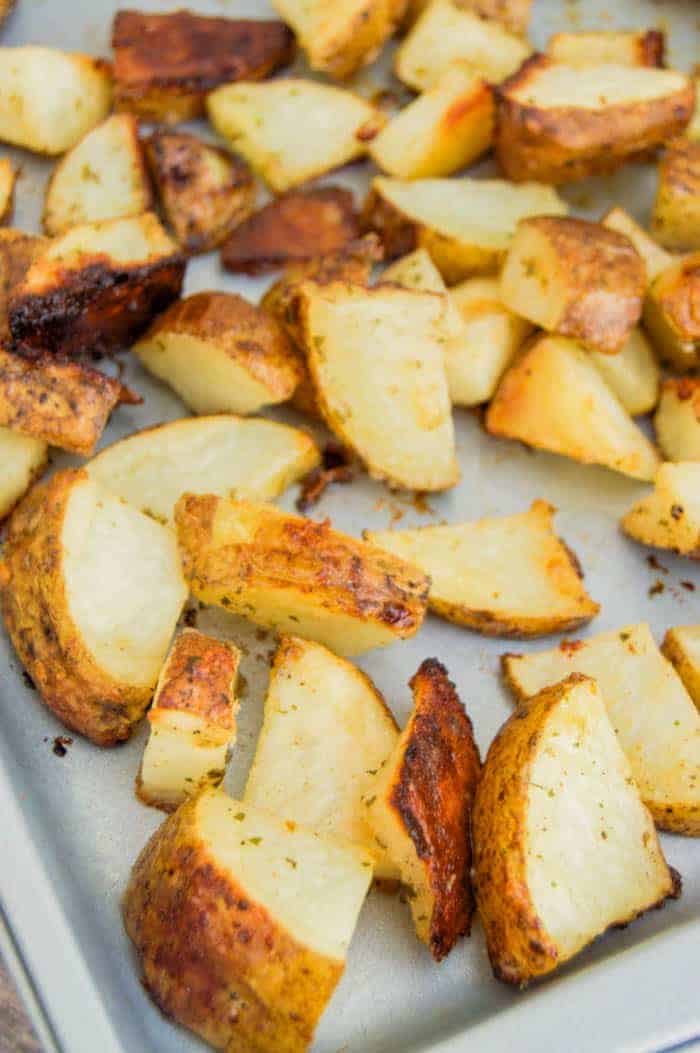 closeup of ranch potatoes on baking sheet