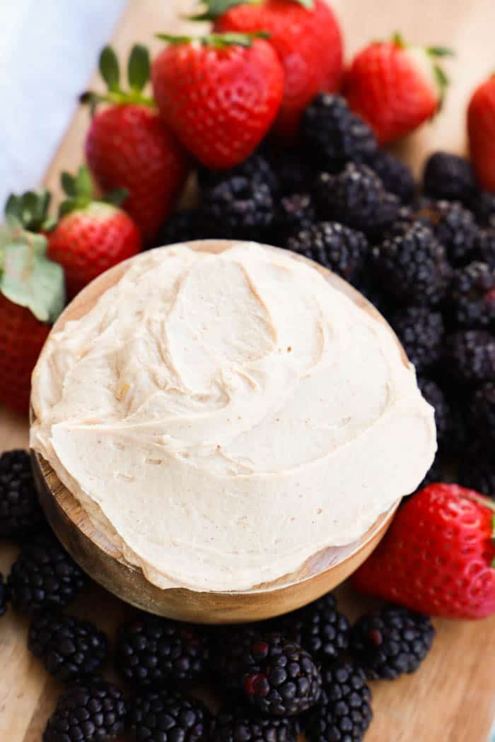 Greek Yogurt Peanut Butter Fruit Dip with blackberries and strawberries.