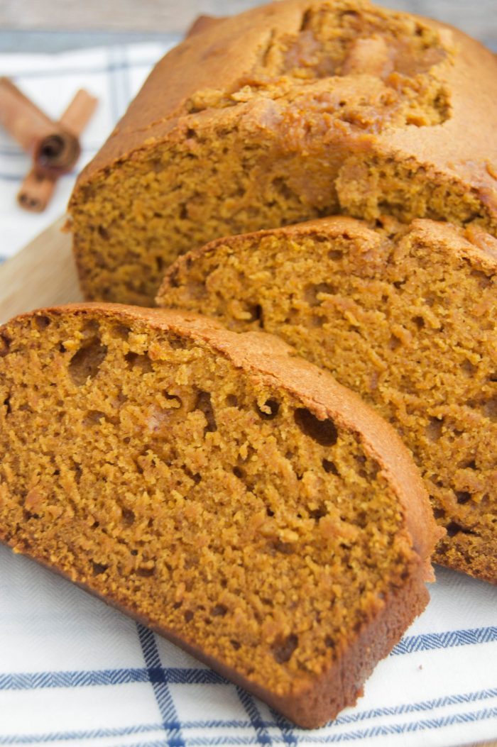 The Best Pumpkin Bread on white and blue striped towel