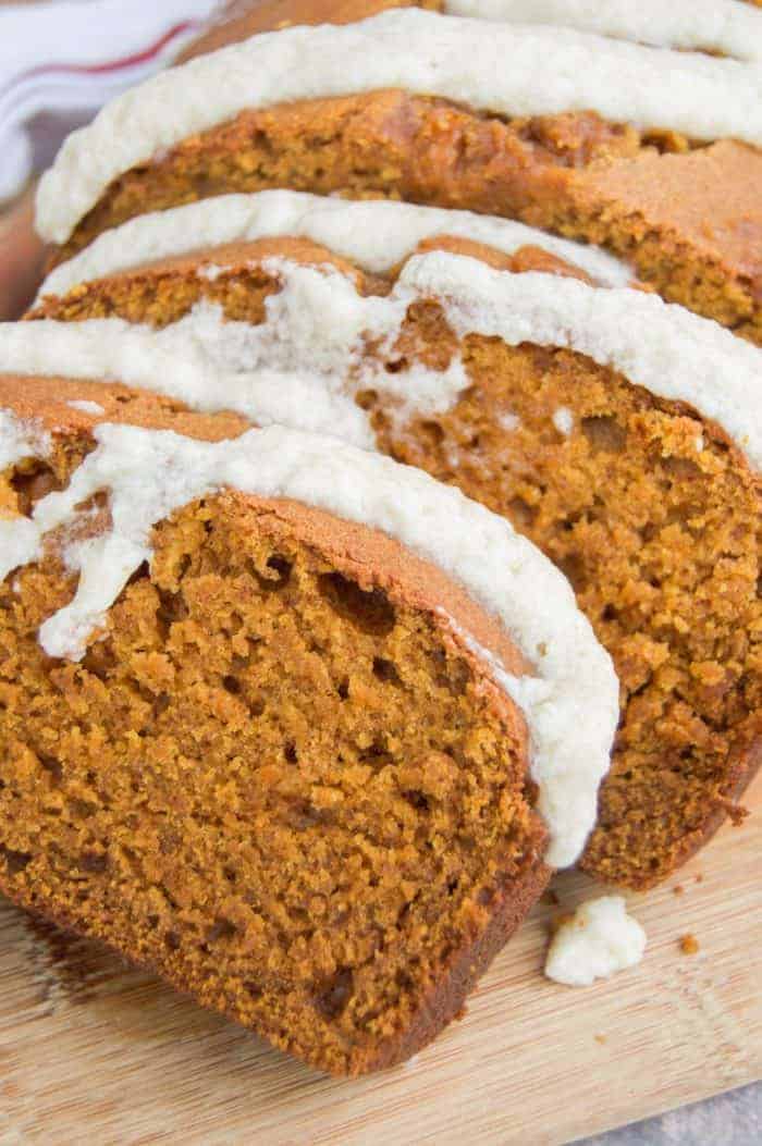 Pumpkin Bread with Maple Icing sliced and served