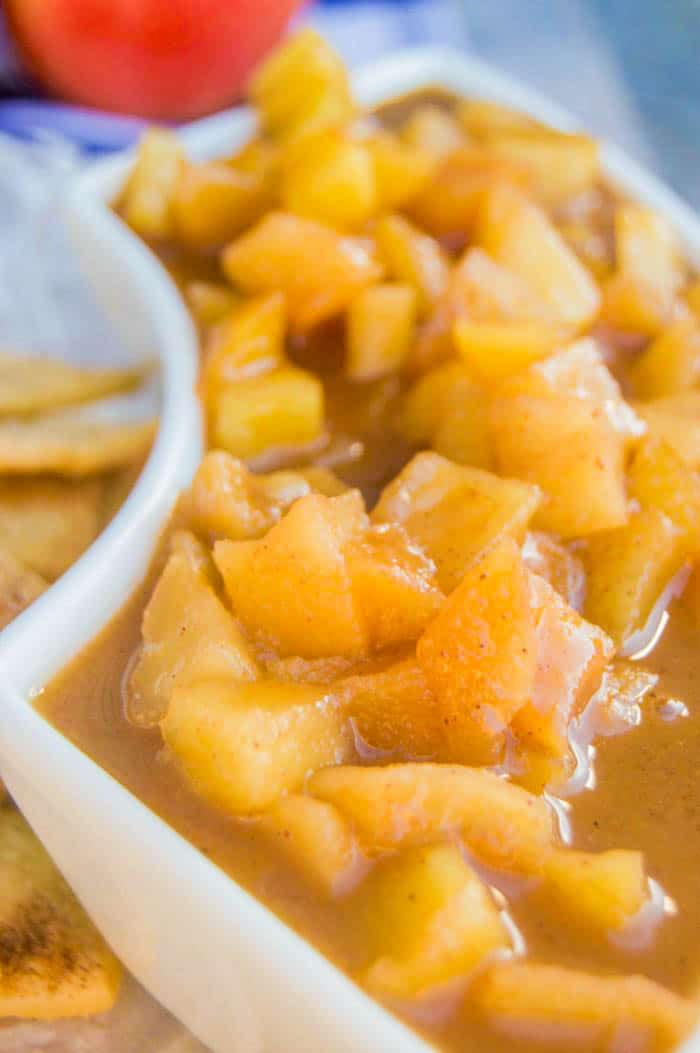 Apple Pie Dip in white serving dish close up