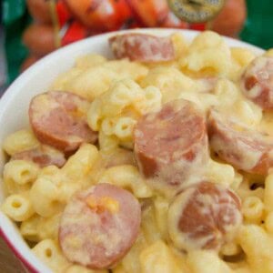 Slow Cooker Mac and Cheese with Cheddar Smoked Sausage in a red bowl
