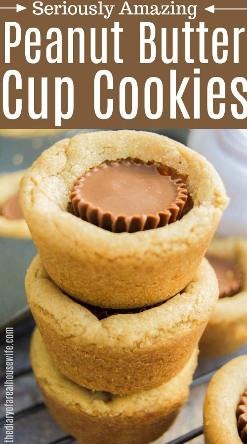  3 Peanut Butter Cup Cookies stacked on wire rack, with title