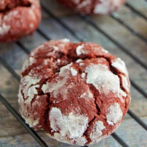 Red Velvet Crinkle Cookie on baking rack