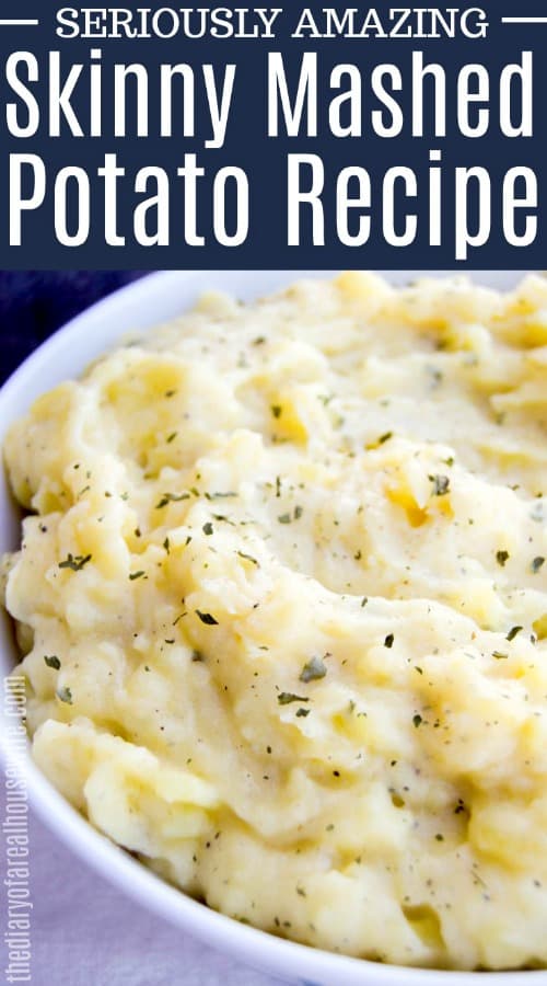 Skinny Mashed Potatoes in white bowl Pinterest image
