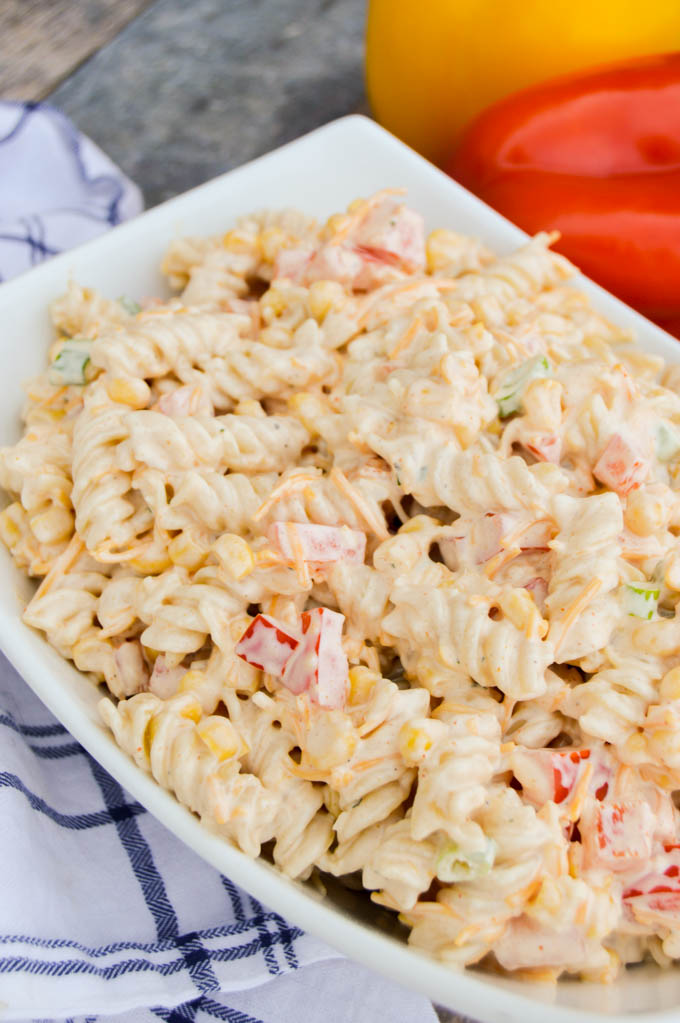 Taco Pasta salad in white serving bowl