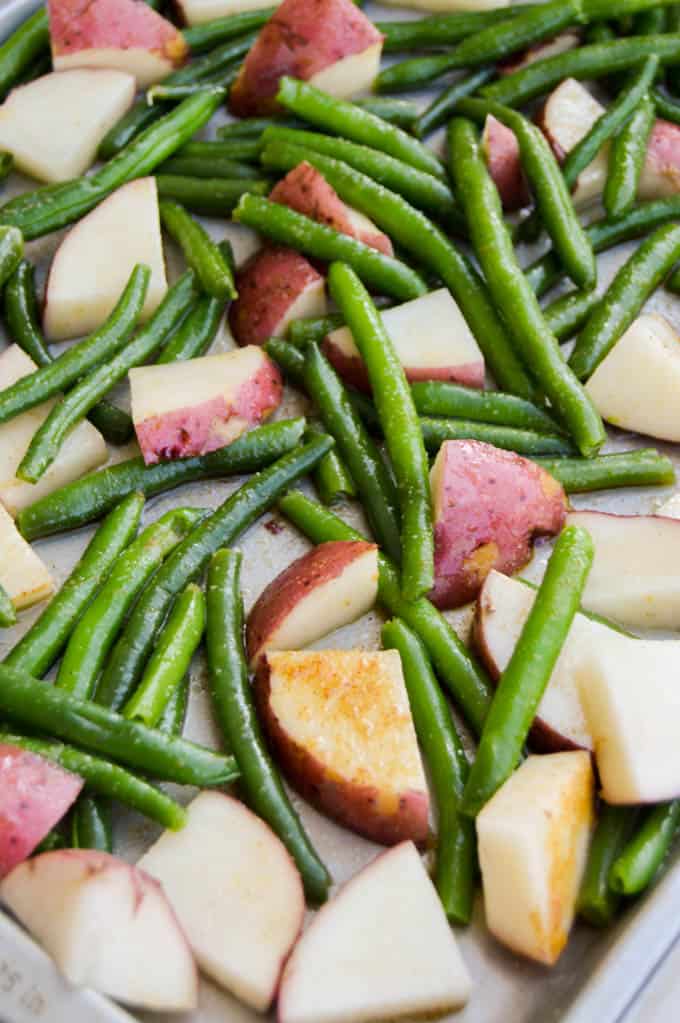 Roasted Green Beans and Potatoes on baking sheet.