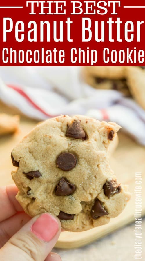 Peanut Butter Chocolate Chip Cookie in hand closeup with title on top for pinterest