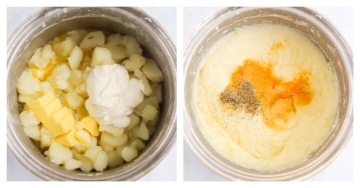 potatoes in pot with sour cream and butter to be mashed.