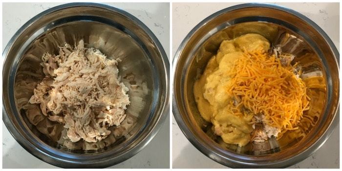 chicken and rice in a mixing bowl