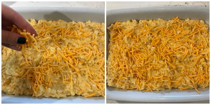 adding cheese to the casserole dish