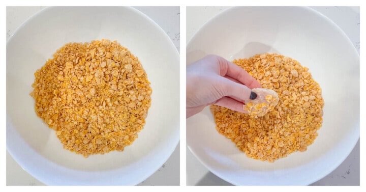 Cornflakes in white bowl for second layer of breading