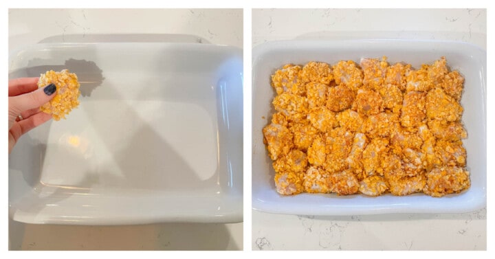 placing cornflakes breaded chicken in white casserole dish