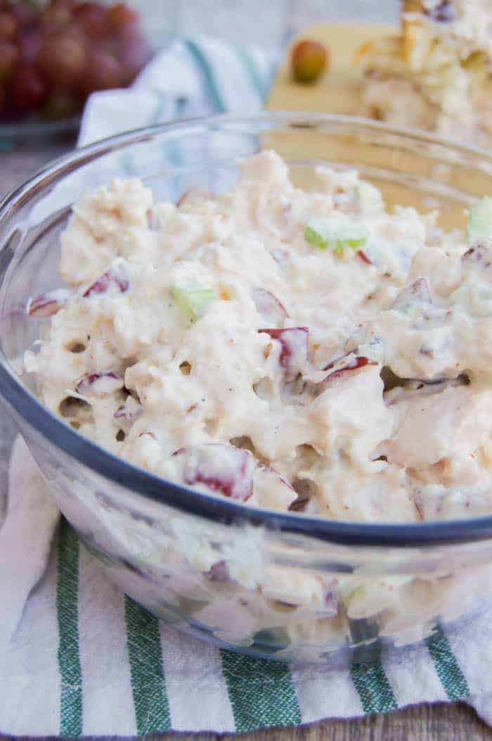 Grape Pecan Chicken Salad in clear bowl
