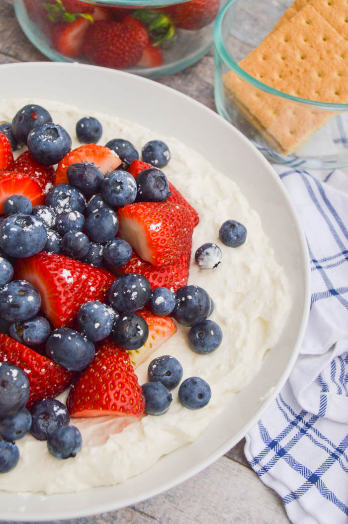 Patriotic Cheesecake Dip in white bowl