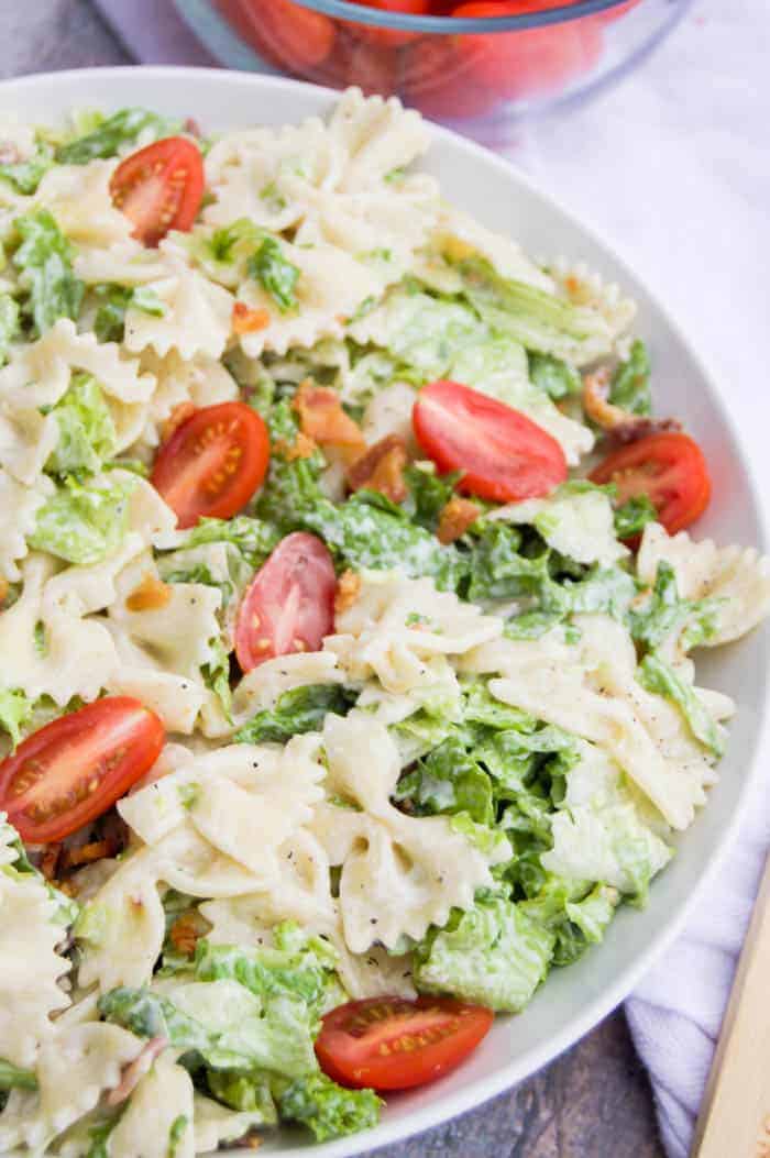 BLT Pasta salad in a white bowl.