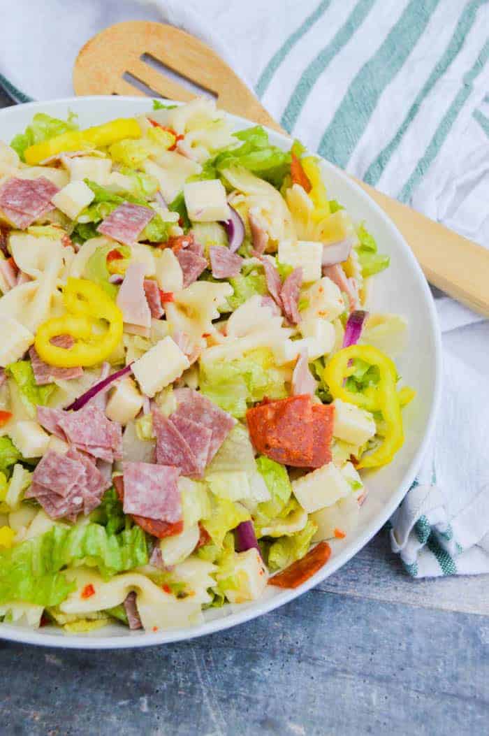 Close up of Italian Pasta Salad in a white bowl.