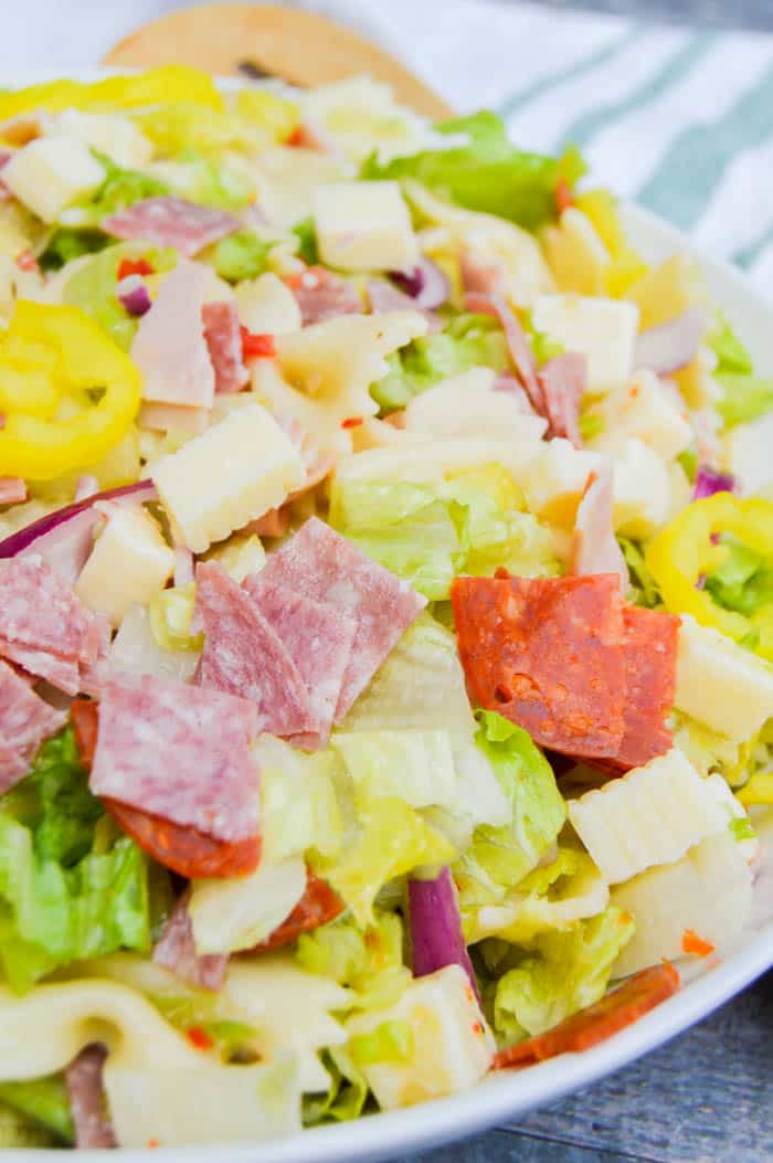 Italian Pasta Salad in white bowl.