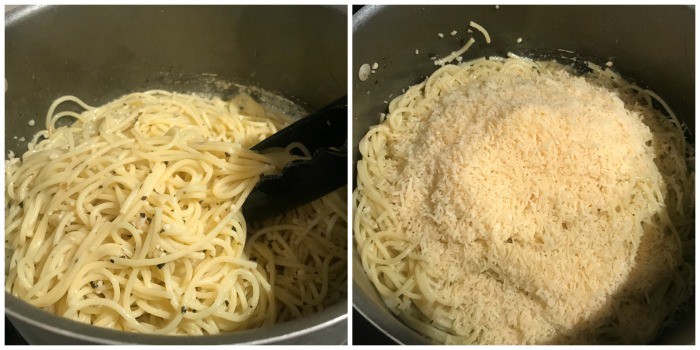 adding spaghetti and Parmesan cheese to noodles
