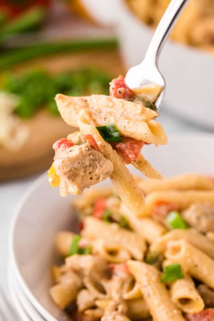 Chicken Fajita Pasta on a fork