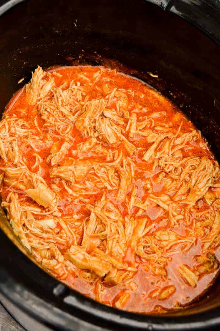 Shredded Buffalo Chicken in slow cooker close up