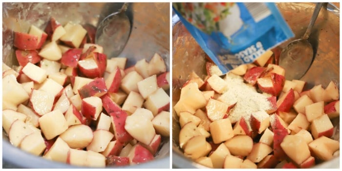 mixing potatoes with seasoning