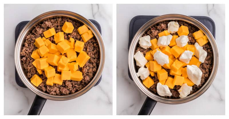 velveeta and cream cheese with sausage in the skillet