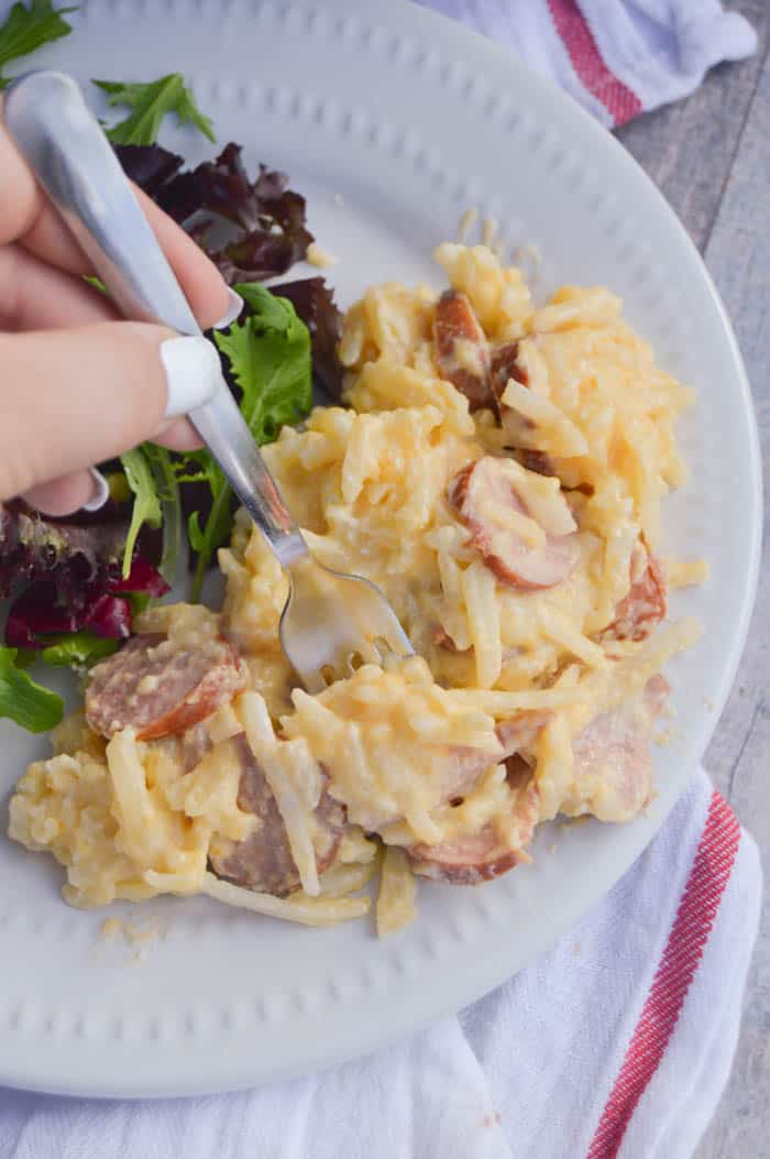 Slow Cooker Cheesy Potatoes and Smoked Sausage