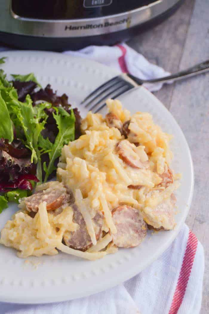 Slow Cooker Cheesy Potatoes and Smoked Sausage