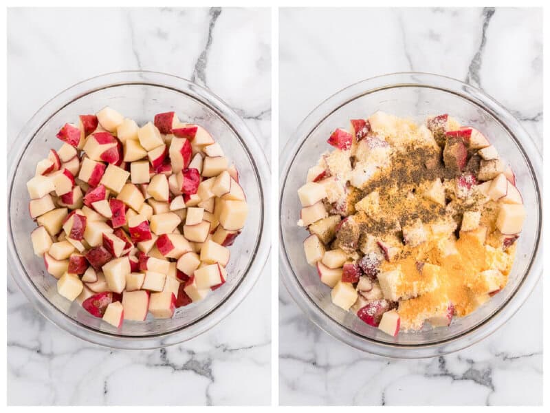 potatoes sliced and added to a bowl with a second picture of potatoes topped with all spices and cheese.